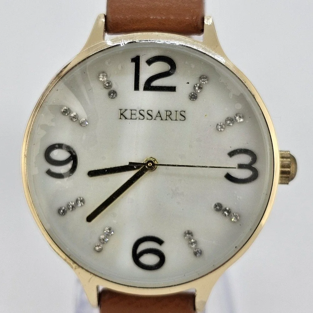 Kessaris Women's Watch 36MM White Dial Brown Faux Leather Bands‎ New Battery